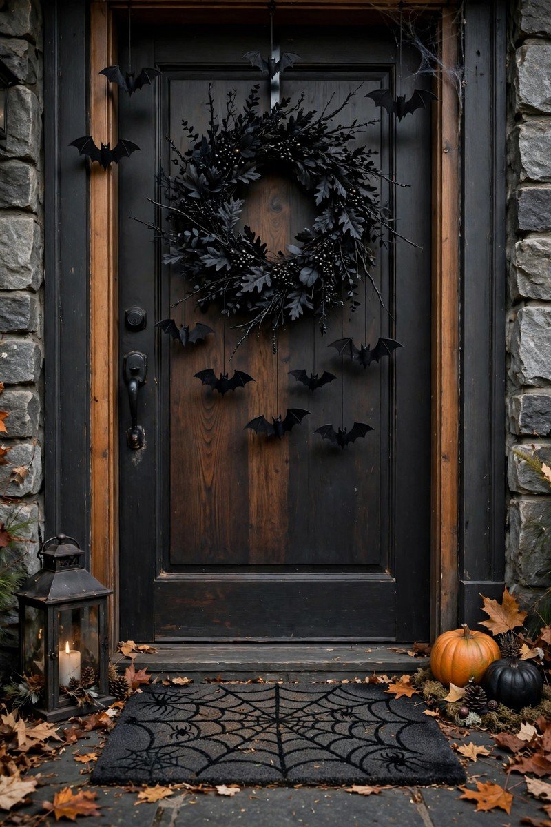 Front door decorated for Halloween with black wreath and hanging bats