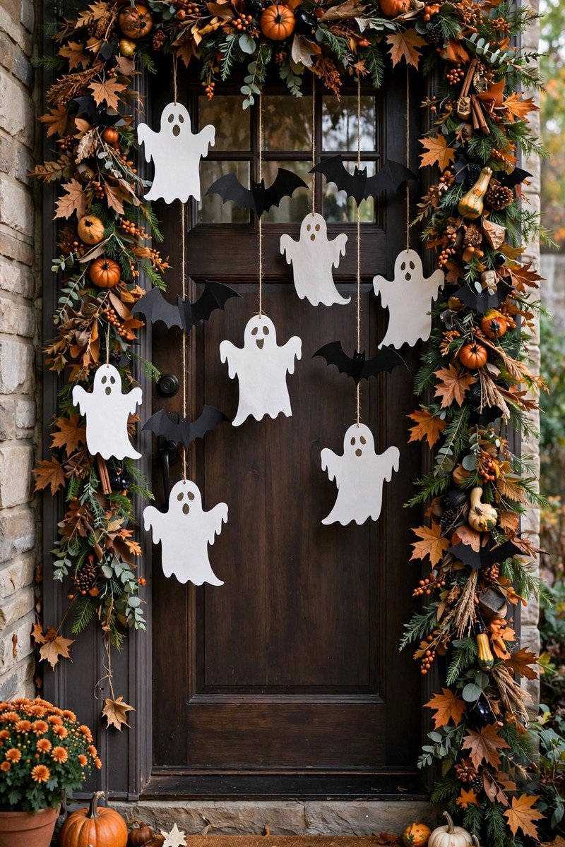 Door frame wrapped in Halloween garland with hanging ghosts and bats