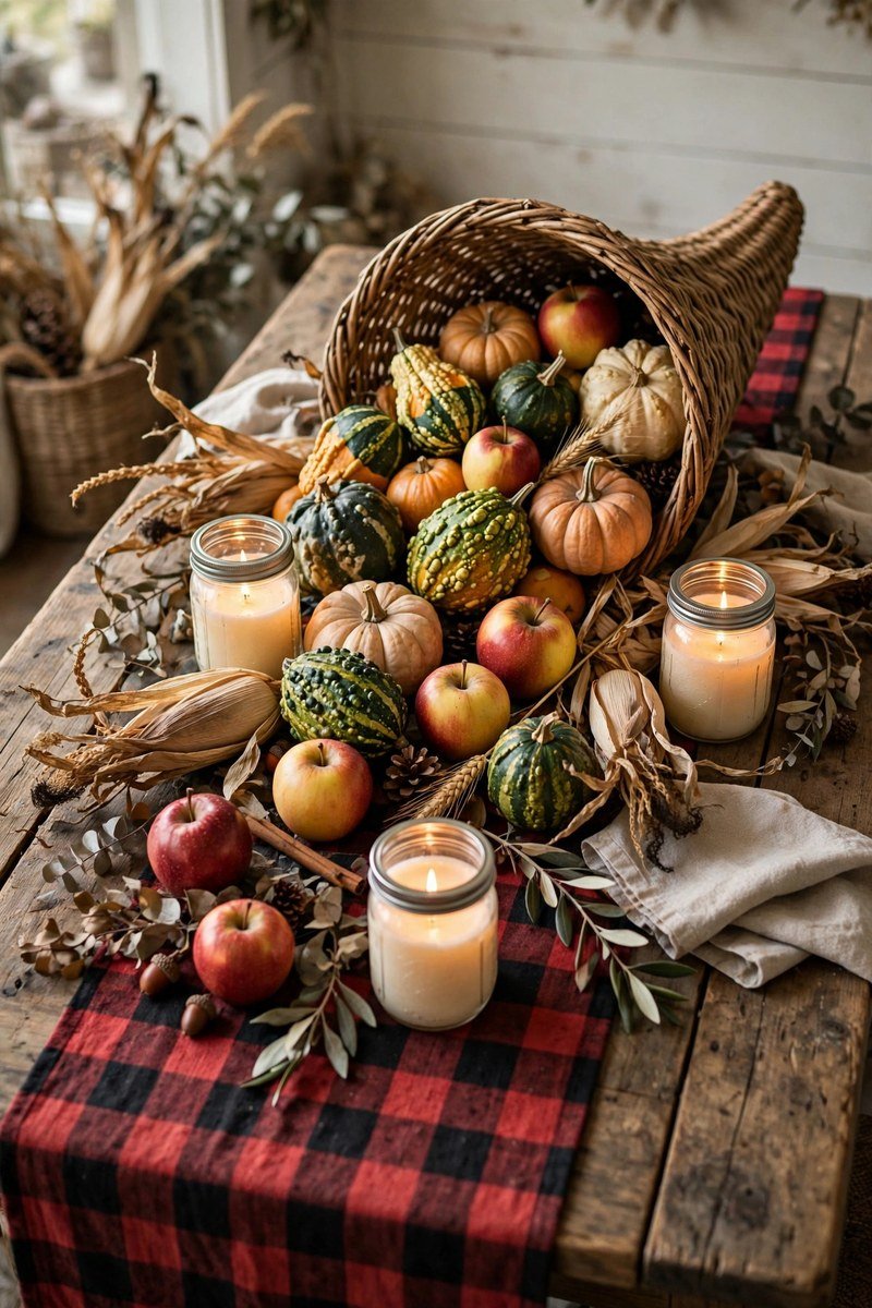 Rustic thanksgiving harvest table with cornucopia and gourds