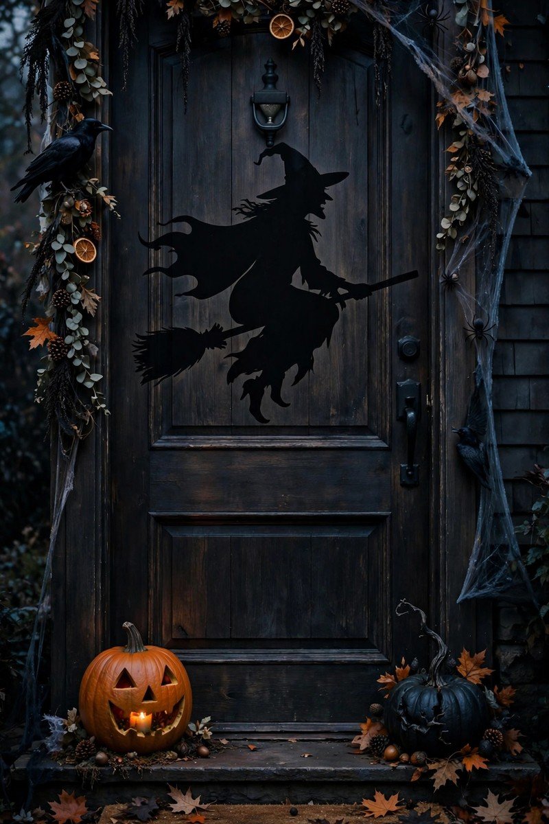 Spooky witch silhouette decoration on a Halloween front door