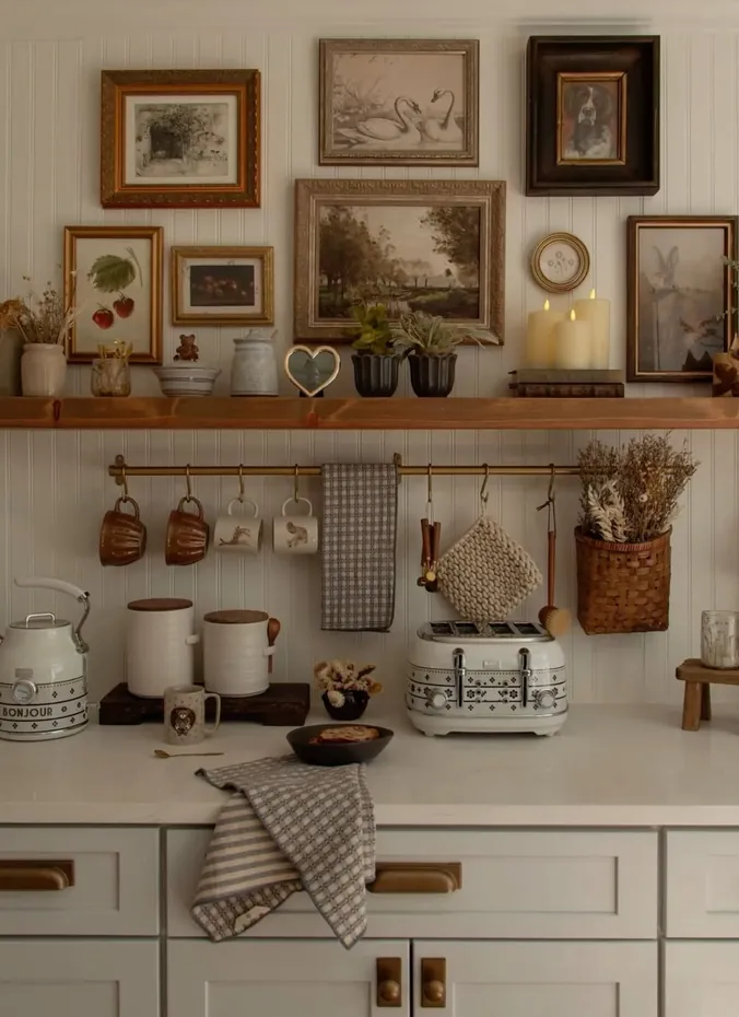 Vintage frames leaned at varying heights above kitchen cabinets