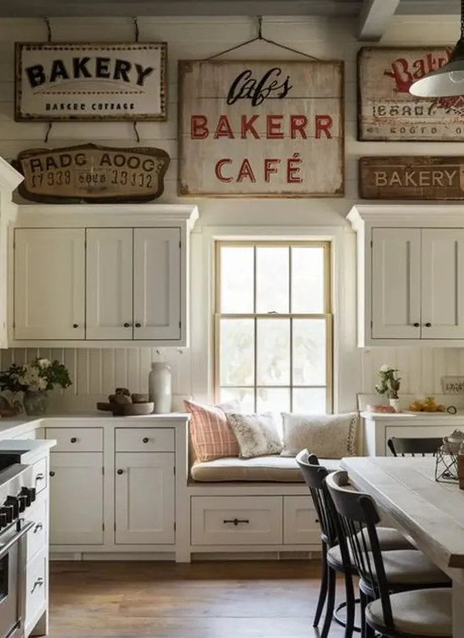 Oversized vintage sign above kitchen cabinets