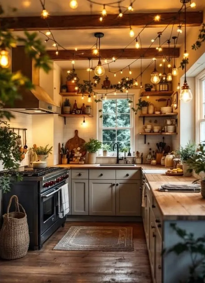 Rope lights on a timer above kitchen cabinets