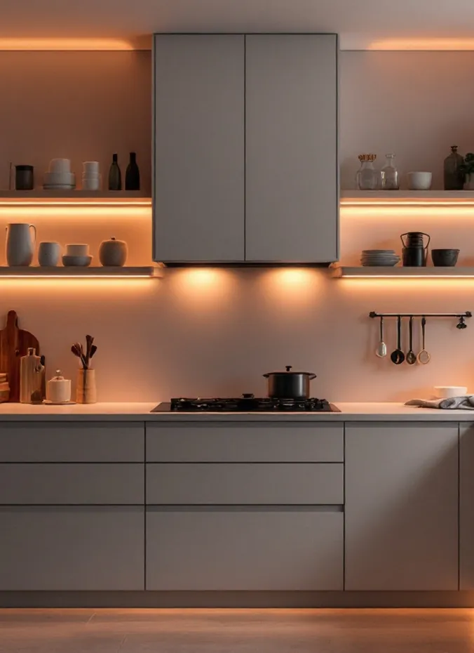 Battery-powered puck light behind decor above kitchen cabinets