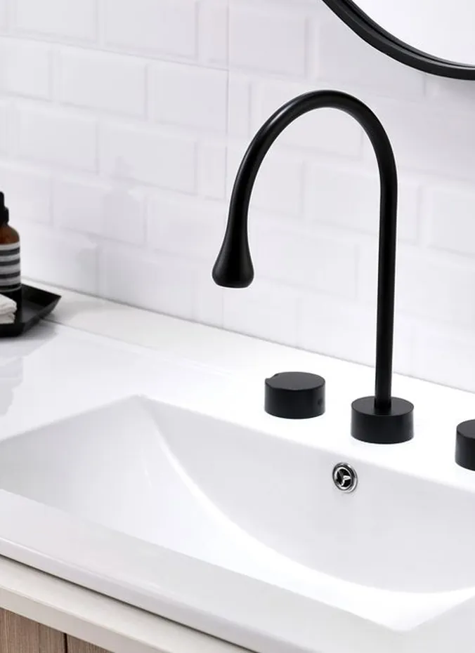Matte black gooseneck faucet over a white bathroom sink