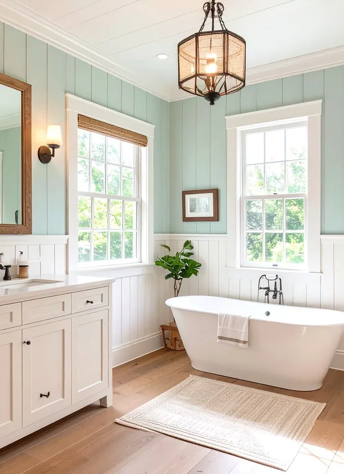 Bathroom with board and batten wainscoting on the walls