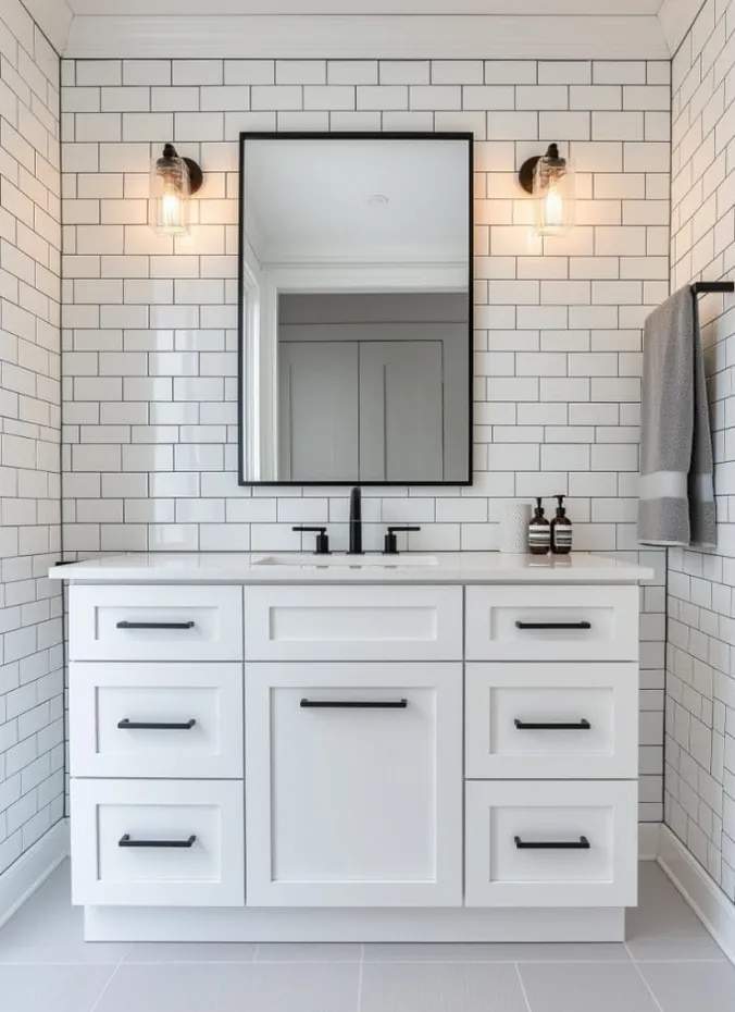 White subway tile wall behind a bathroom vanity