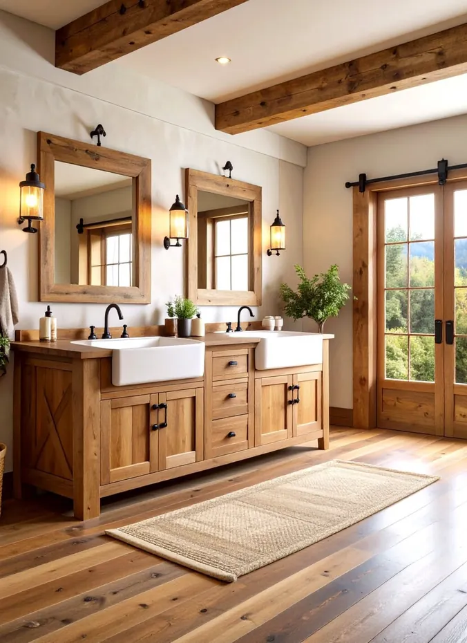 Warm wood double vanity in a farmhouse bathroom