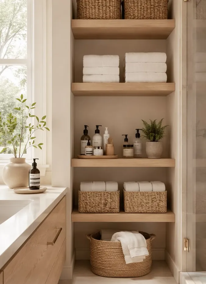 Open bathroom shelves styled with woven baskets and rolled towels