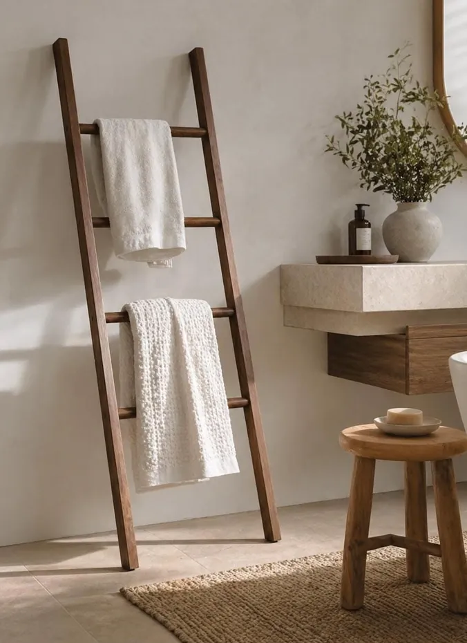 Wooden leaning ladder used as a towel rack in a bathroom