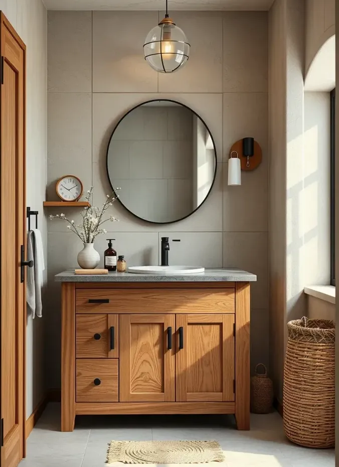 Round mirror with wood frame above a bathroom vanity