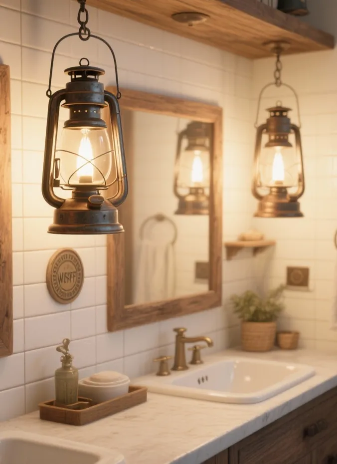 Lantern style pendant lights hanging in a bathroom