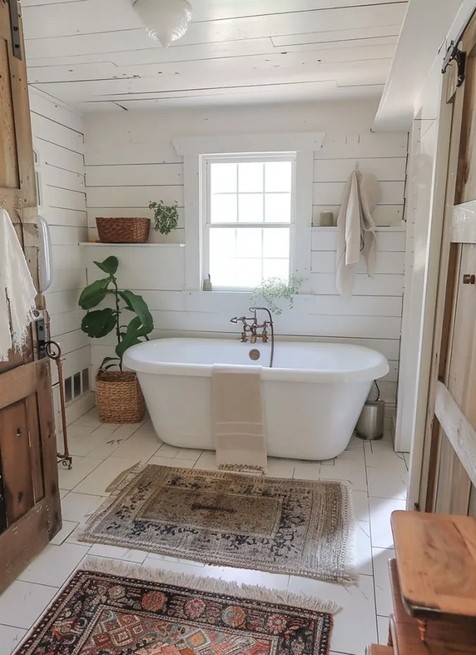 Layered washable rugs in a farmhouse bathroom with freestanding tub