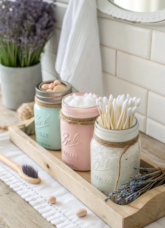 Mason jars used for bathroom storage on a wooden tray