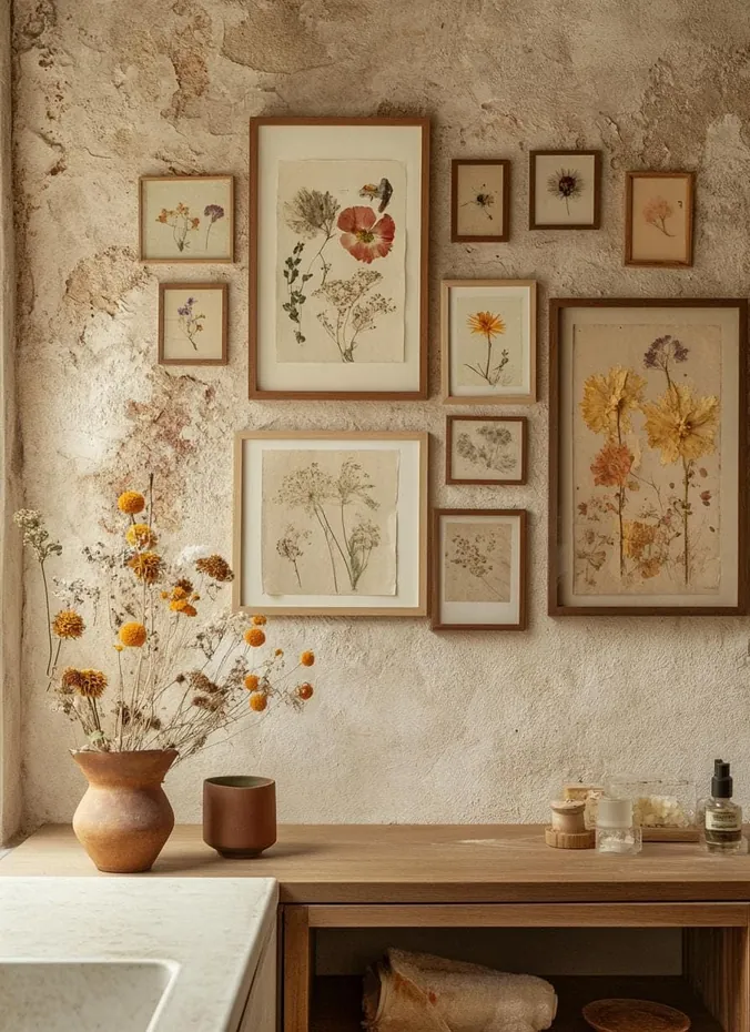 Gallery wall of rustic framed botanical art in a bathroom