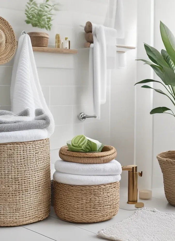 Woven seagrass baskets holding towels in a bathroom