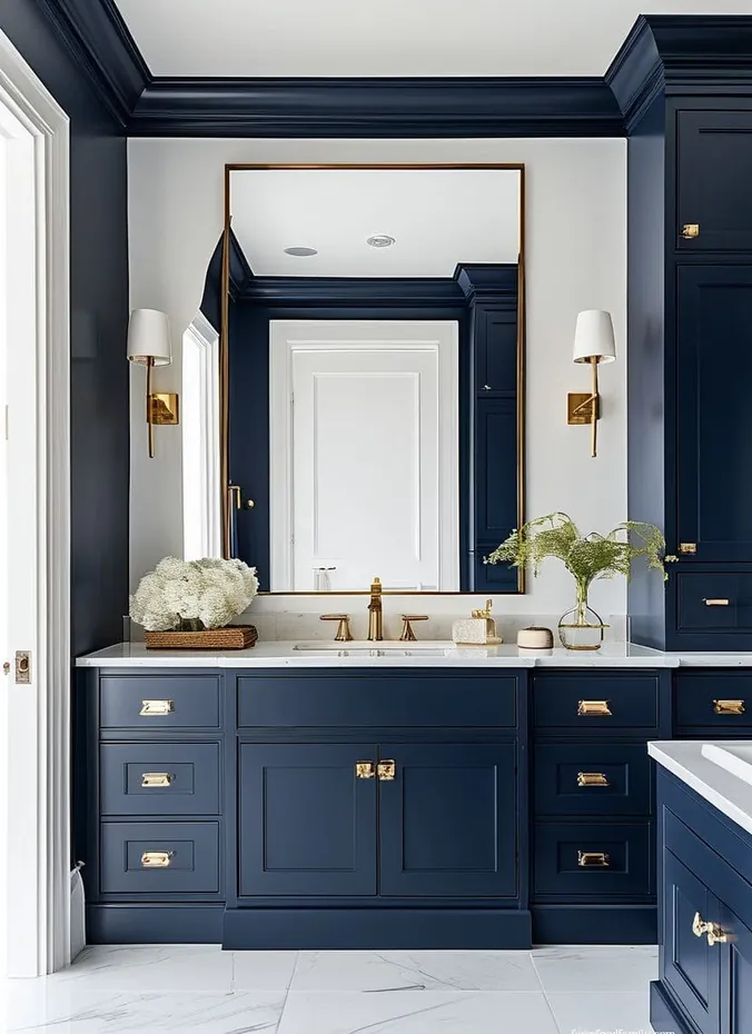 Navy blue bathroom vanity with white walls