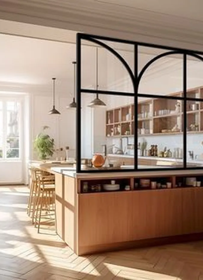 Slim console island dividing a small open plan kitchen and living room