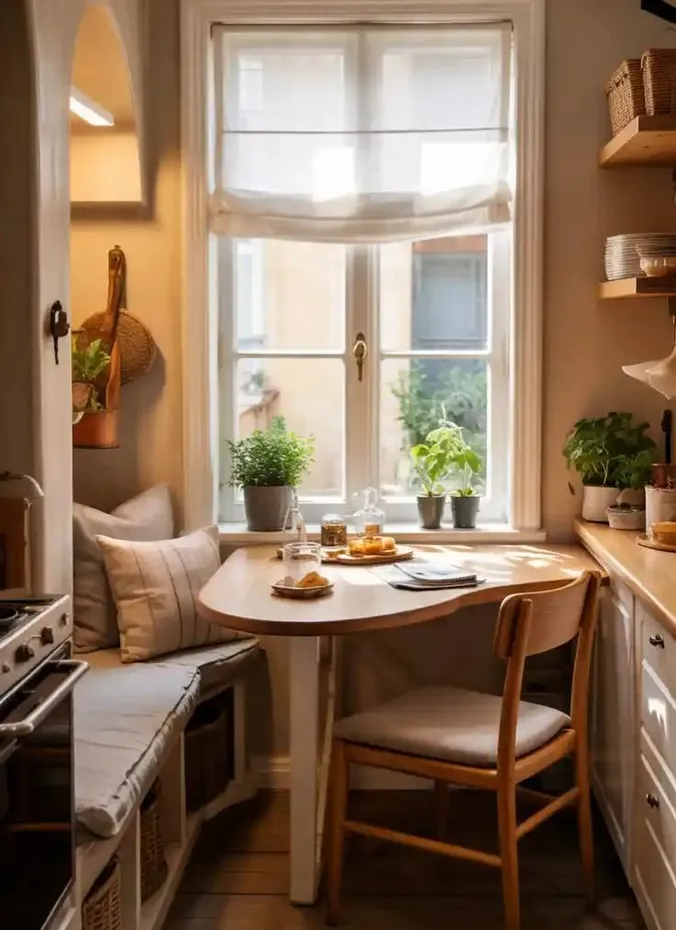 Small dining table pushed against the wall in a tiny open plan kitchen