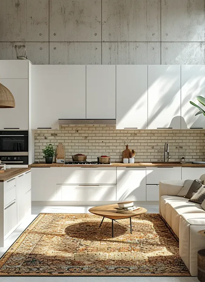 Area rug defining the living zone in an open plan kitchen living room