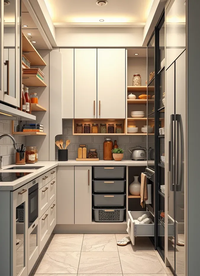 Small kitchen with cabinets extending all the way to the ceiling