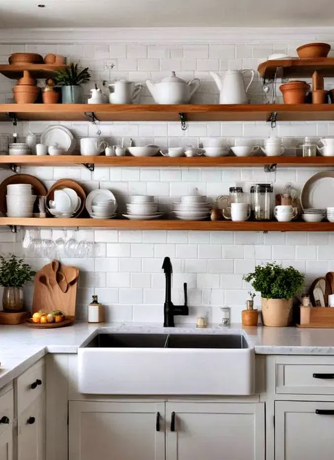 Open kitchen shelves holding everyday dishes in a small kitchen