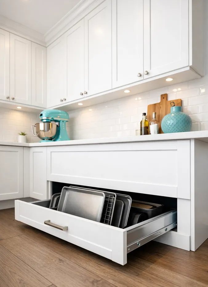 Toe kick drawer open under kitchen cabinets showing flat storage