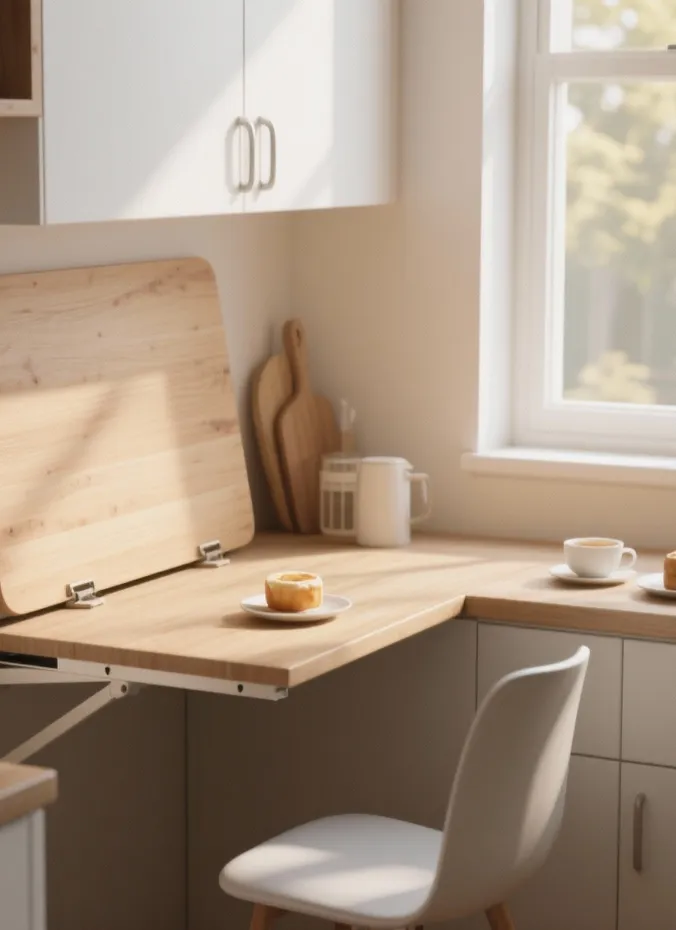 Fold down wall mounted table used as a breakfast bar in a small kitchen
