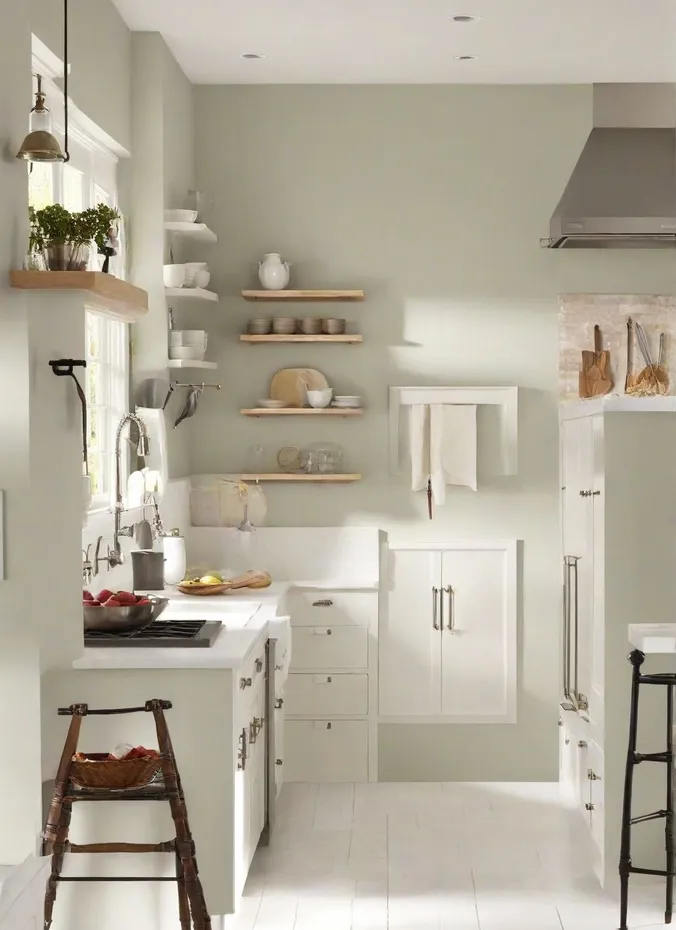 Small kitchen with walls and cabinets painted the same light color