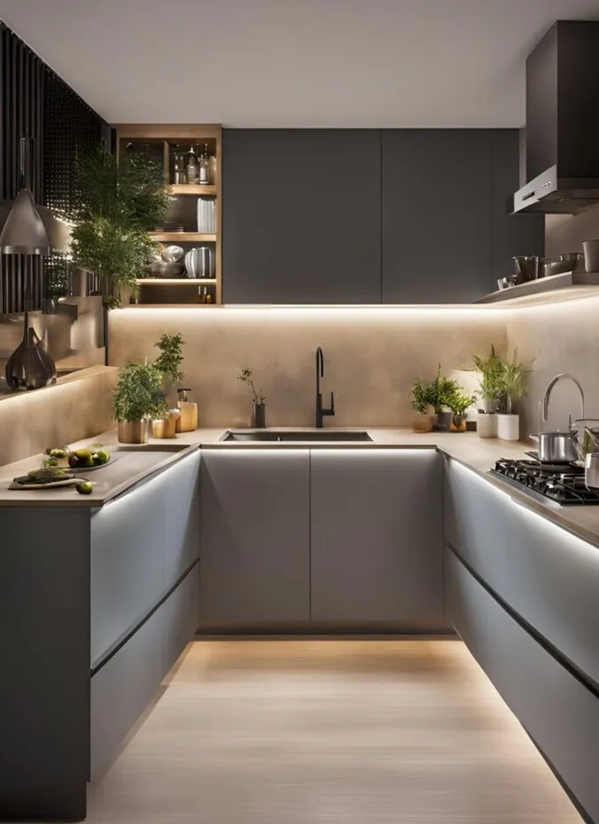 Under cabinet LED strip lighting brightening a small kitchen counter