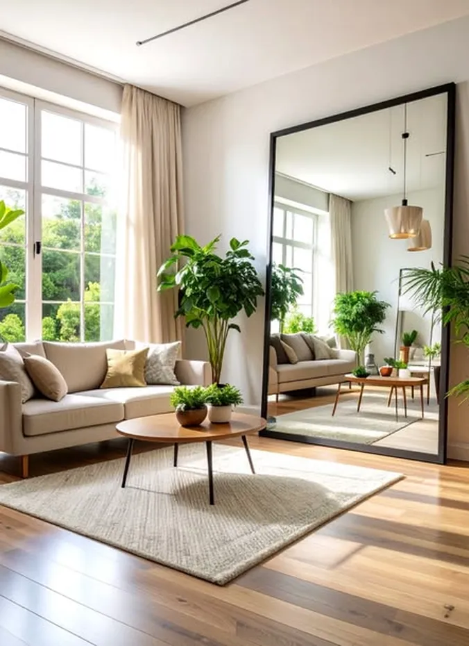 Large mirror hung opposite a window in a small living room