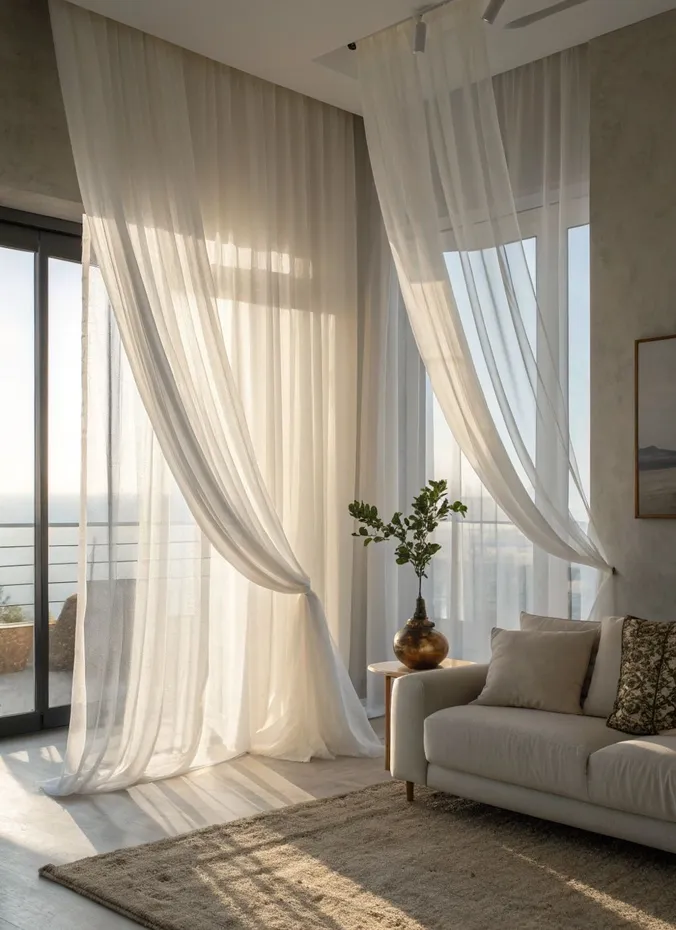 Sheer white curtains letting light into a small bright living room