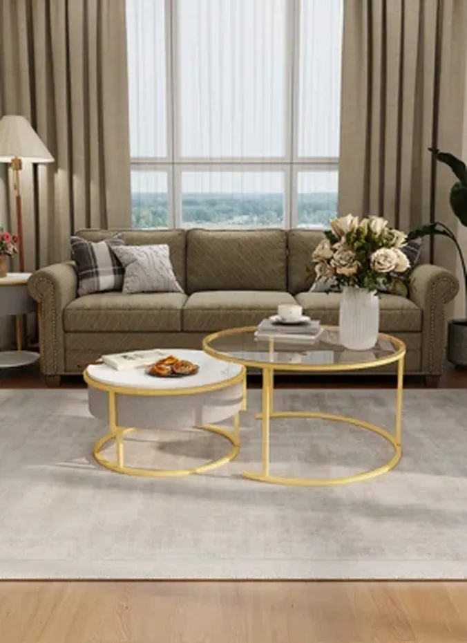 Nesting side tables next to a sofa in a small living room