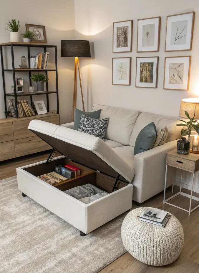 Storage ottoman with hidden compartment in a small living room