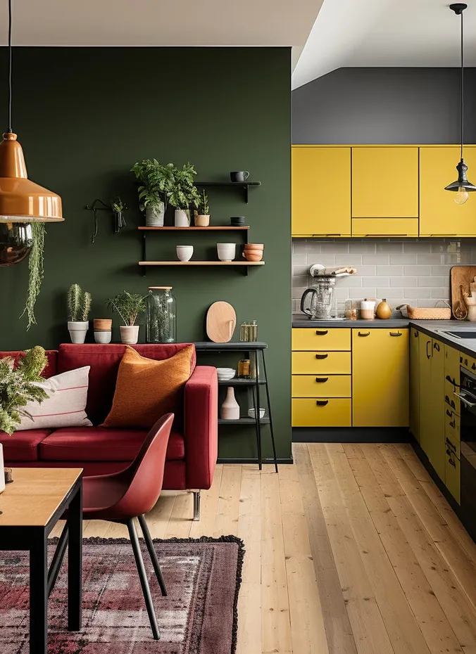 Open plan kitchen and living room sharing one matching accent color