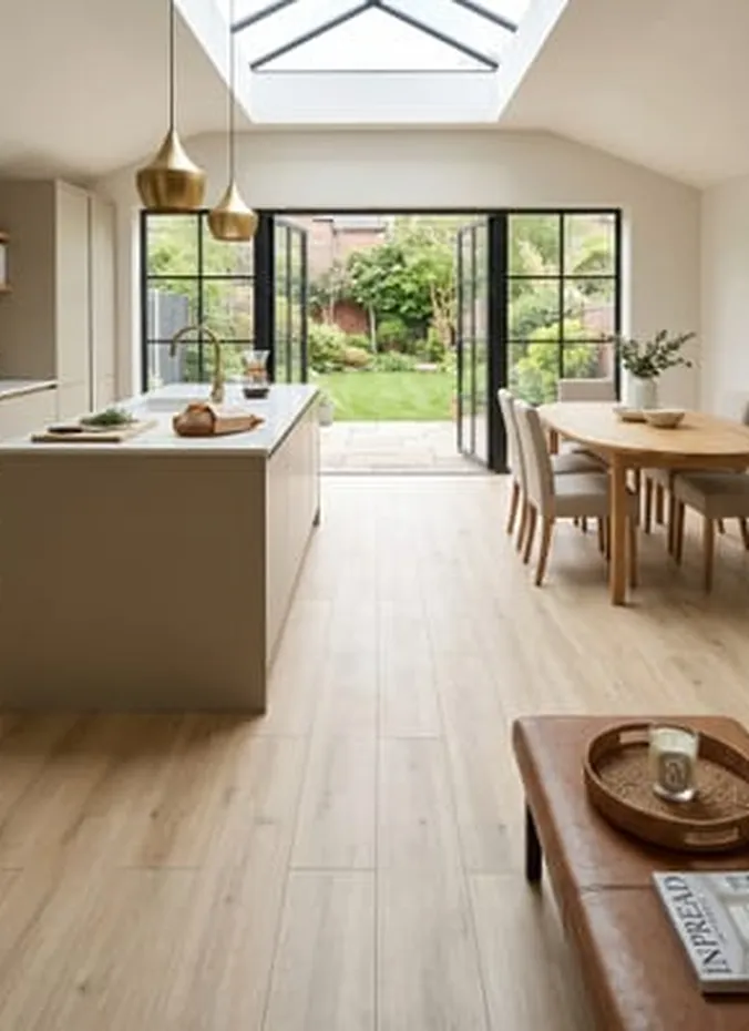 Same wood flooring running through kitchen and living room open plan
