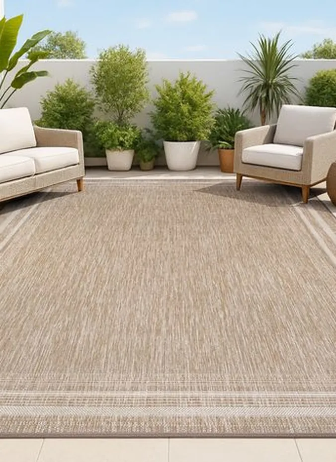 Solid beige outdoor rug anchoring a patio seating area