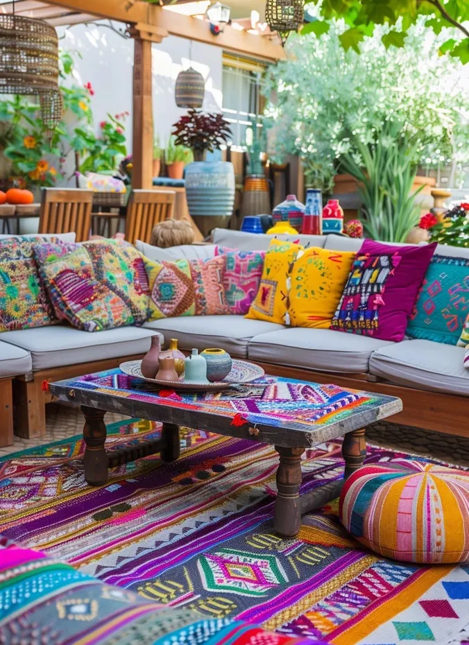 Colorful bohemian outdoor rug on a patio