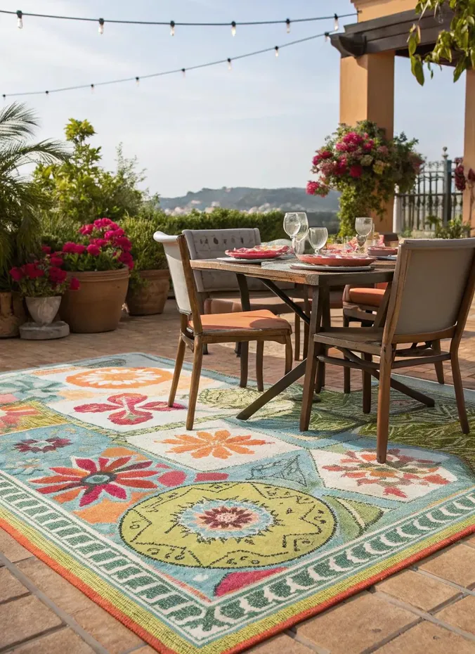 Large outdoor rug under a patio dining table and chairs