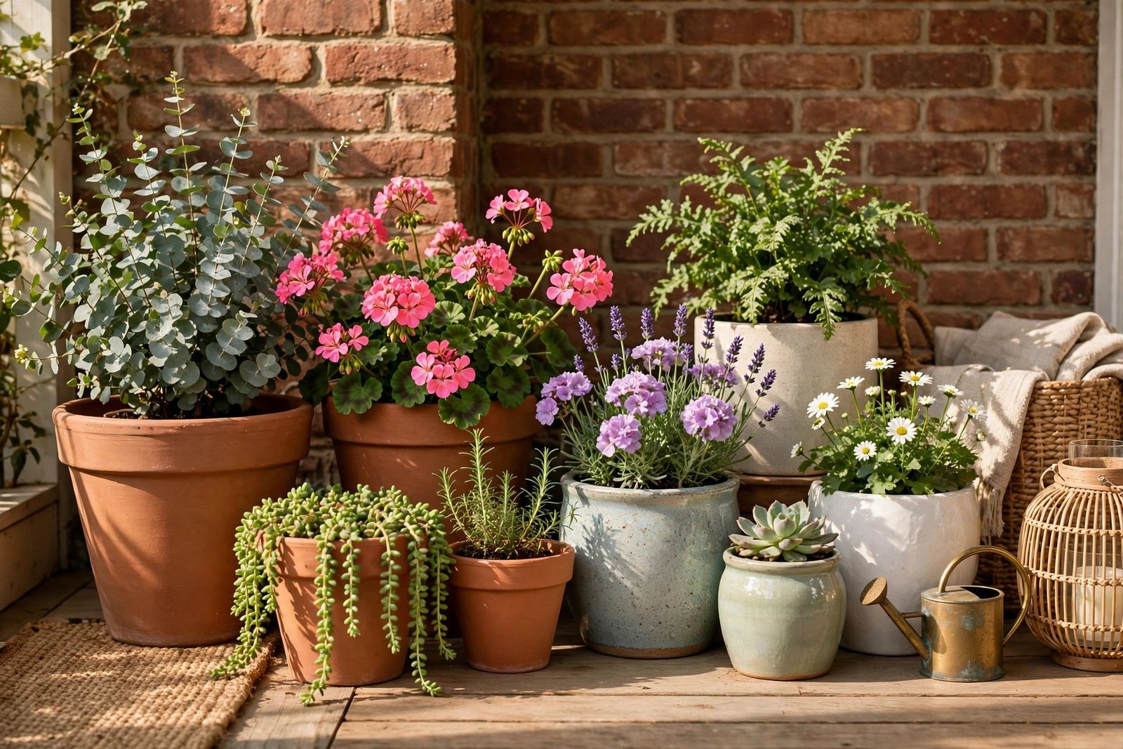 Plor4d85 pots with plants arranged on a sunny porch