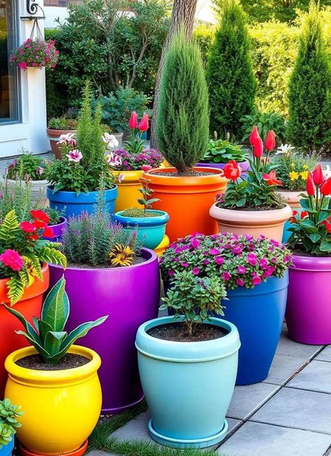 Terracotta pots painted in bold solid colors