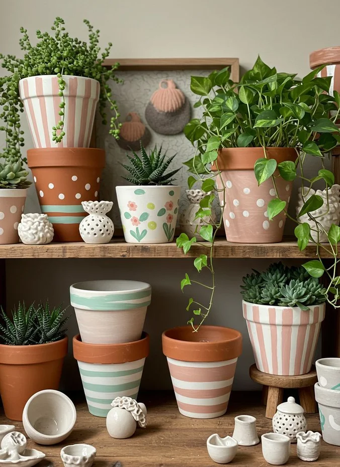 Flower pots painted with crisp stripes