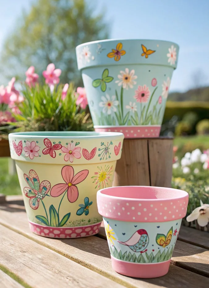 Cheerful polka dot painted flower pots
