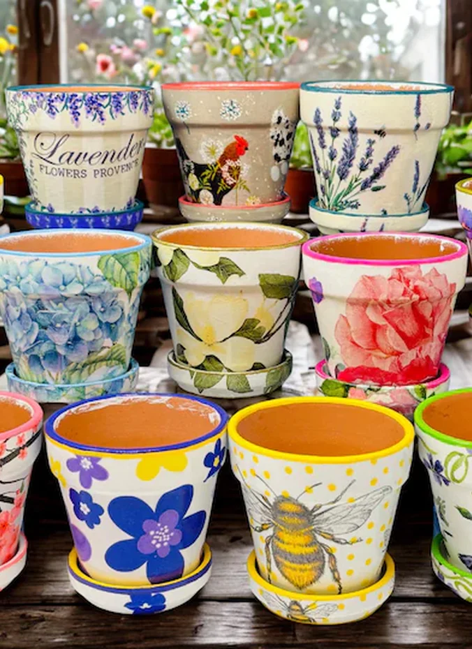 Flower pots with hand painted floral designs