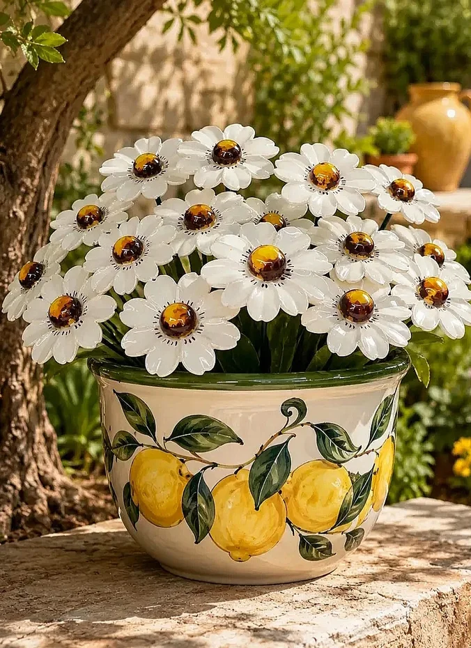 Flower pots painted with bright citrus fruit designs