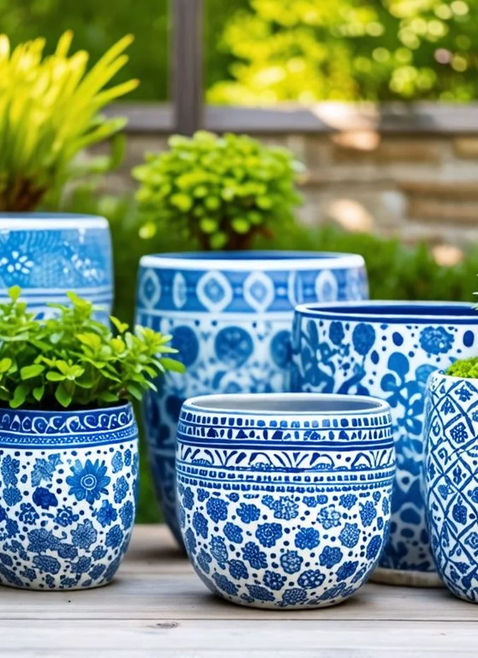 Coastal style pots in blue and white paint