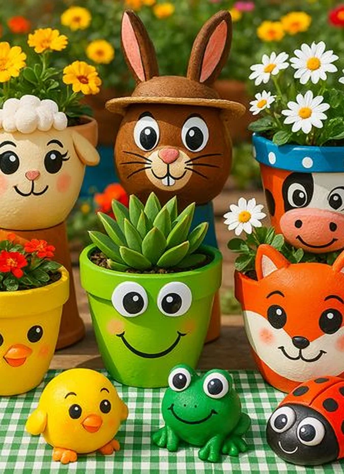 Flower pots painted with cute animal faces