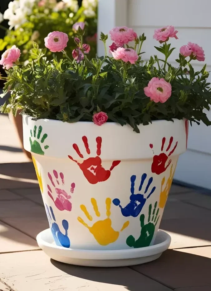 Flower pots decorated with kids handprints