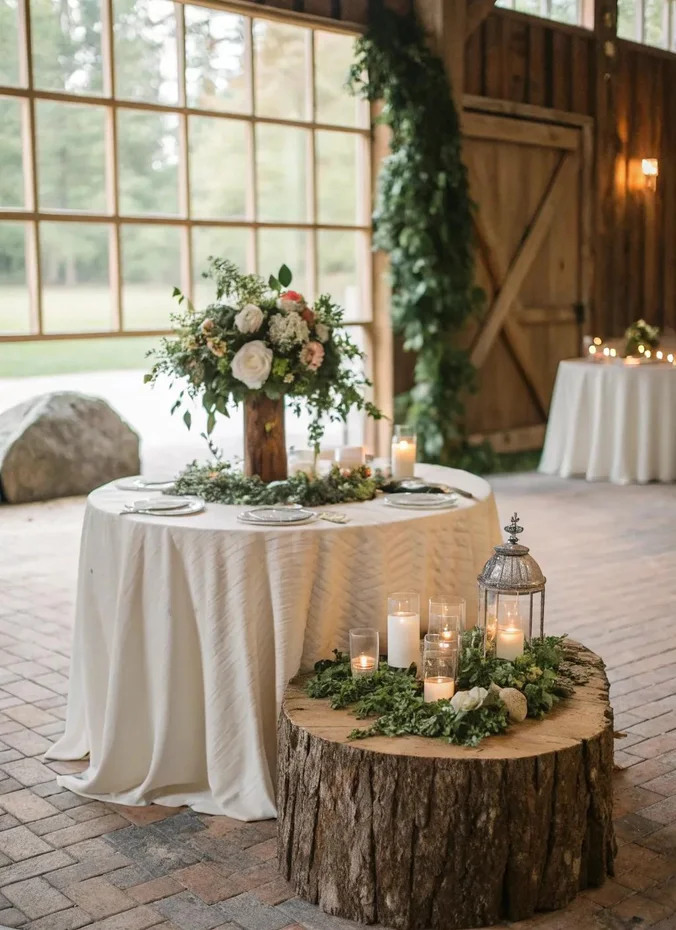 Wedding centerpiece raised on a natural tree stump