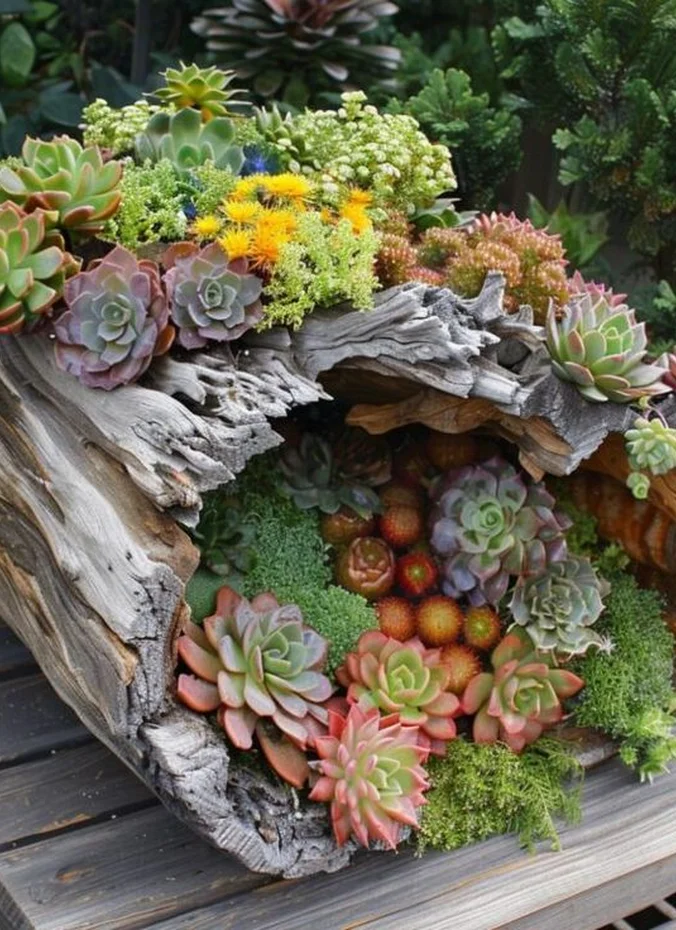 Succulents planted in a hollowed log centerpiece